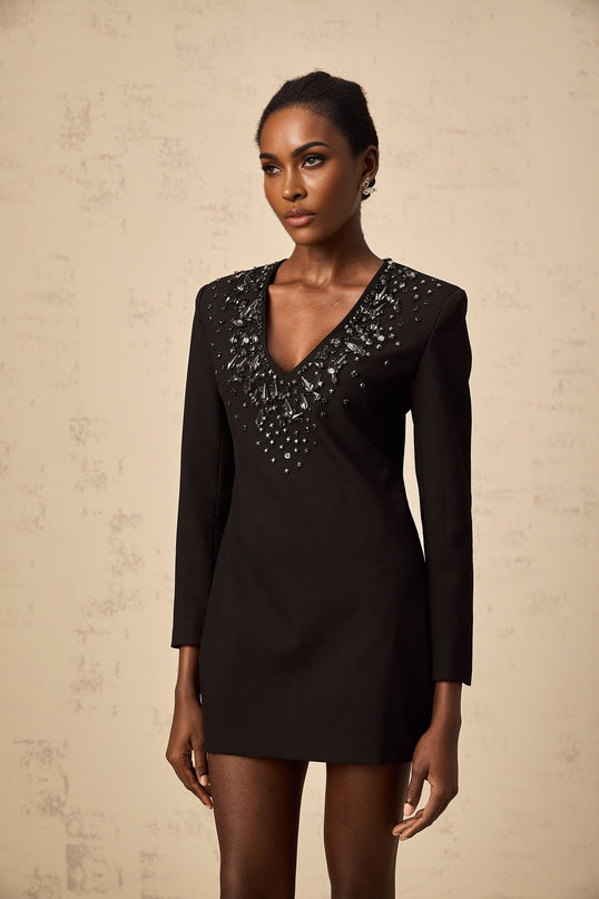 A black mini dress with a plunging Vneckline adorned with crystal embellishments