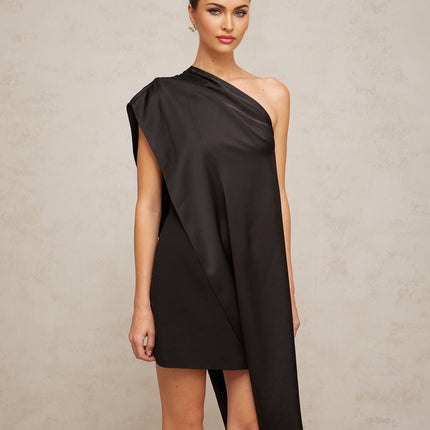 A black mini dress with a single shoulder strap suitable for Valentines Day featuring a sleek and stylish design