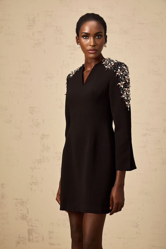 A black mini dress with a split neckline and embellished details worn by a model standing against a plain background