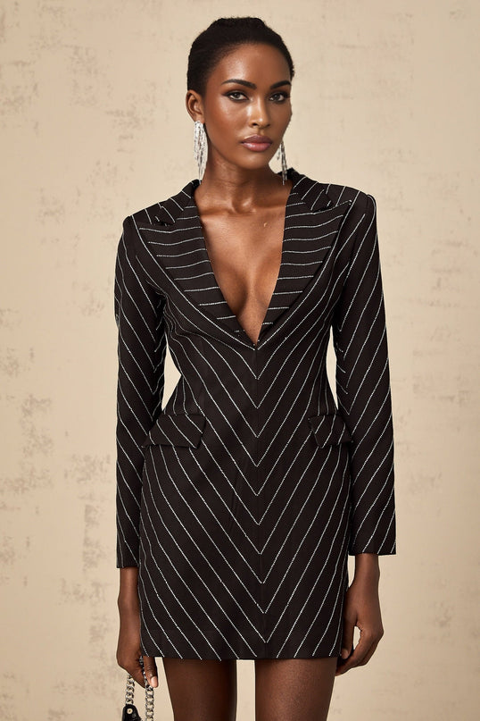A black mini dress with embellished stripes and a short hemline named Mireille