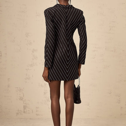 A black mini dress with embellished stripes featuring a fitted silhouette and short length named Mireille
