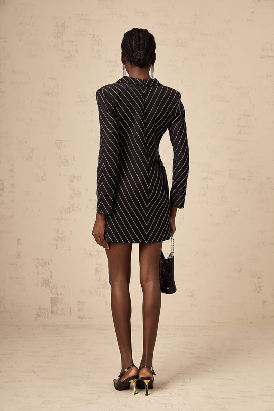 A black mini dress with embellished stripes featuring a fitted silhouette and short length named Mireille