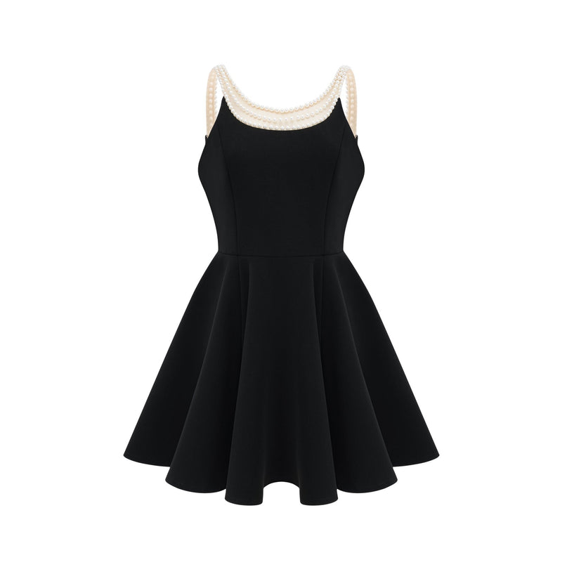 A black mini dress with faux pearl embellishments named Danae