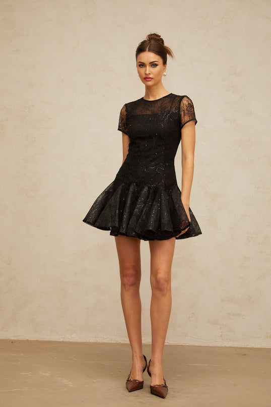 A black mini dress with flared skirt and sequin embellishments called Lara