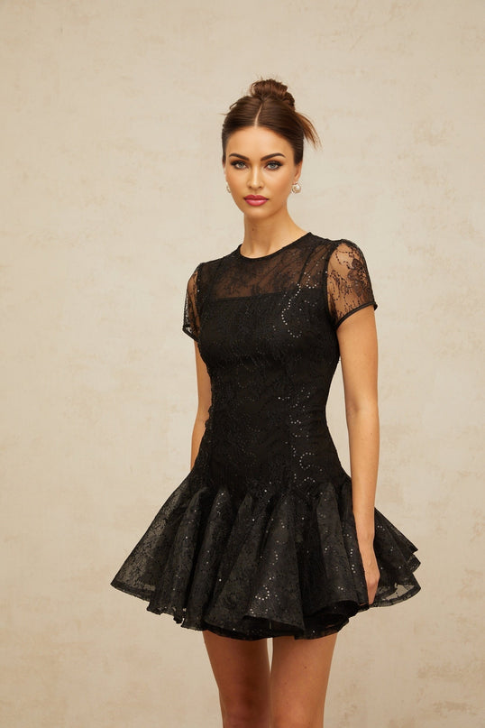 A black mini dress with flared skirt covered in shimmering sequins featuring a fitted bodice and short hemline