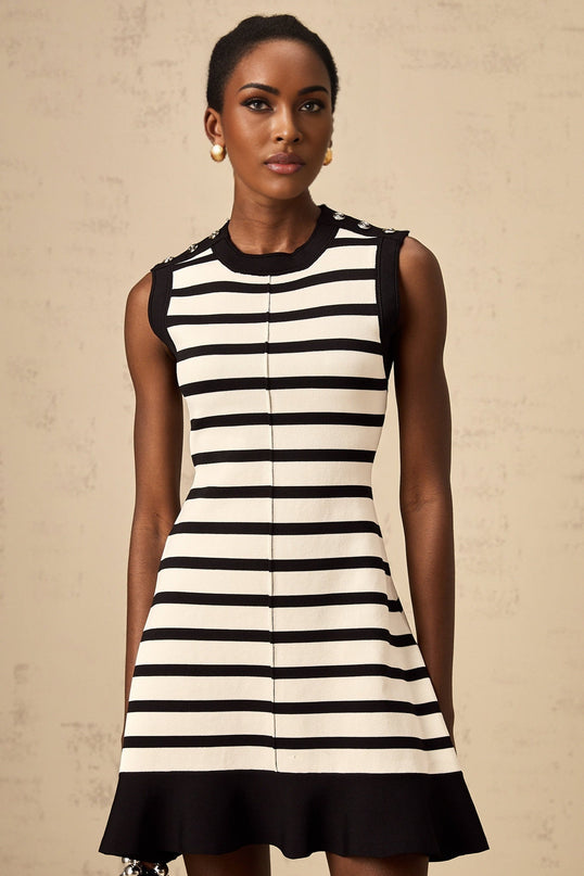 A black mini dress with horizontal stripes in a knit fabric called Heloise