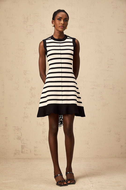 A black mini dress with horizontal stripes in a knit fabric featuring short sleeves and a fitted silhouette