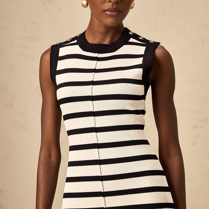A black mini dress with horizontal stripes in a knit fabric style named Heloise