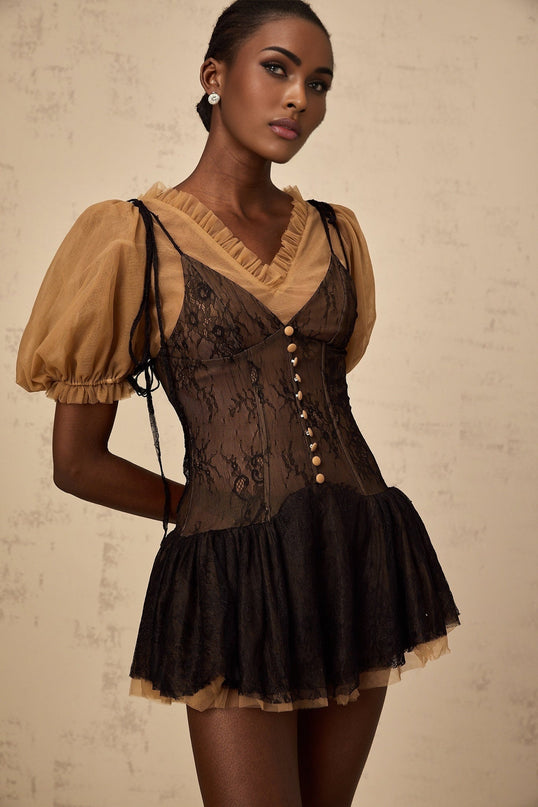 A black mini dress with lace panelling details featuring a fitted silhouette and short length