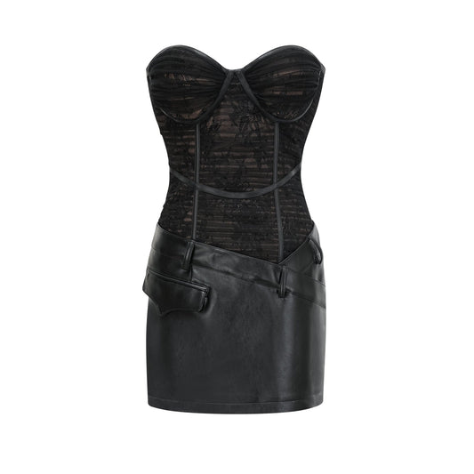 Black bustier dress with mesh detail fauxleather finish and rear zip