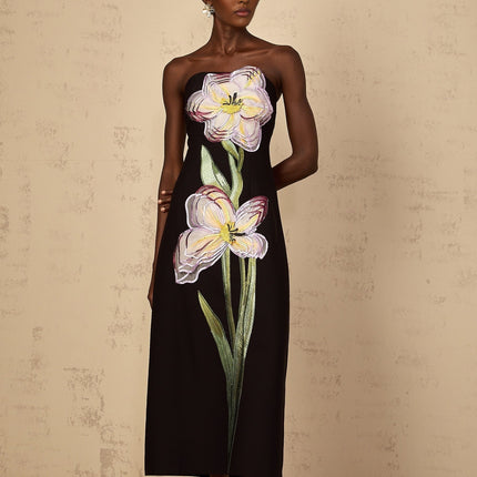 A black off shoulder midi dress with sequin embroidery details named Irene