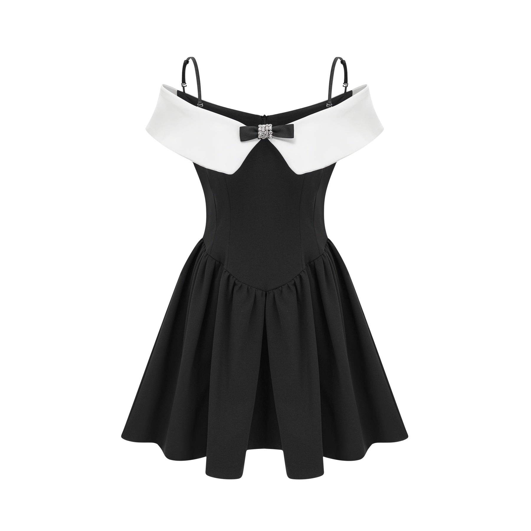 Black reversible collar dress with off the shoulder design paneling contrast colors spaghetti straps pleated detailing front bowknot and mini dress style in 82% Cotton 18% Silk