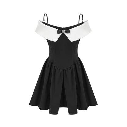 Black reversible collar dress with off the shoulder design paneling contrast colors spaghetti straps pleated detailing front bowknot and mini dress style in 82% Cotton 18% Silk
