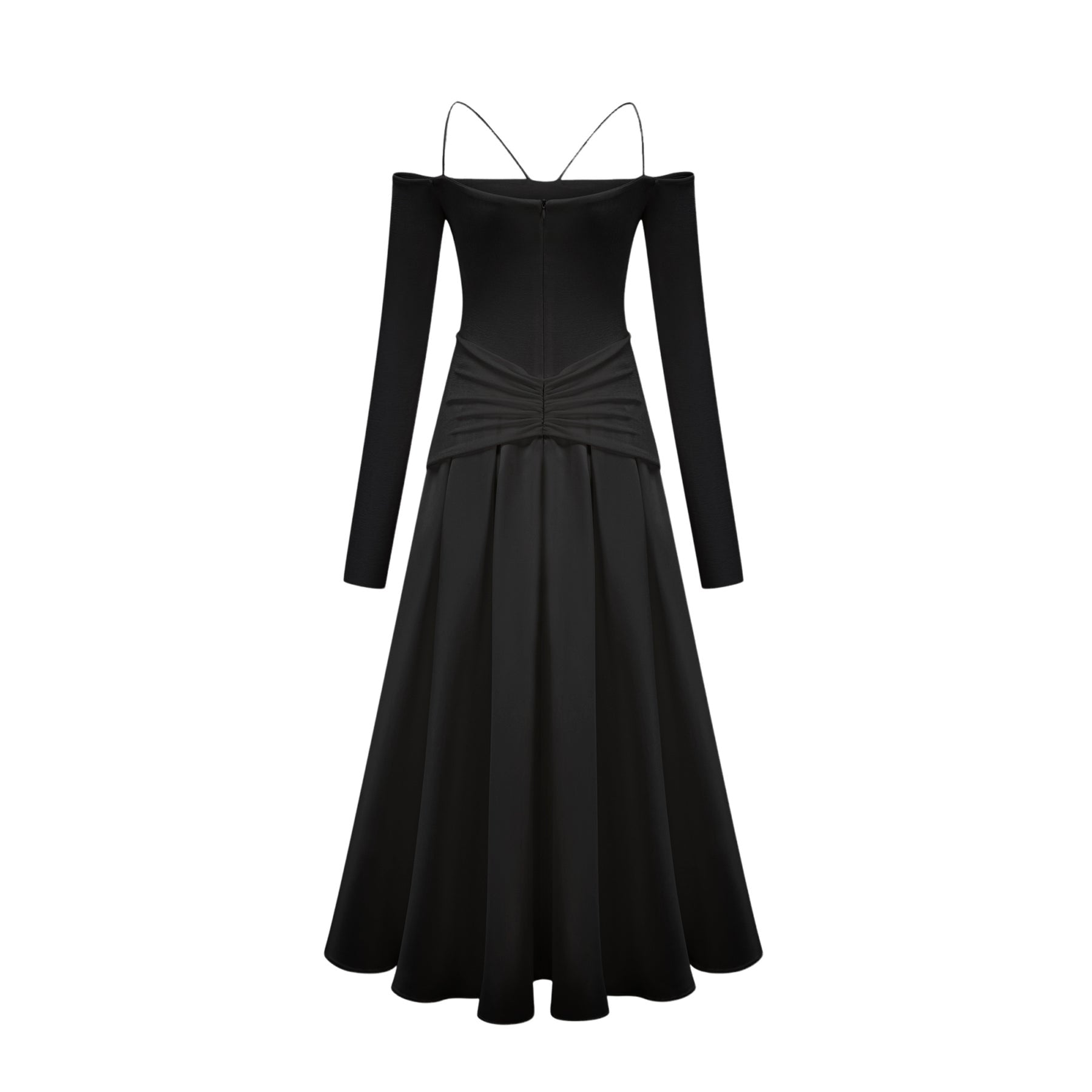 A black offshoulder maxi dress with panelled design worn by a model standing against a plain background