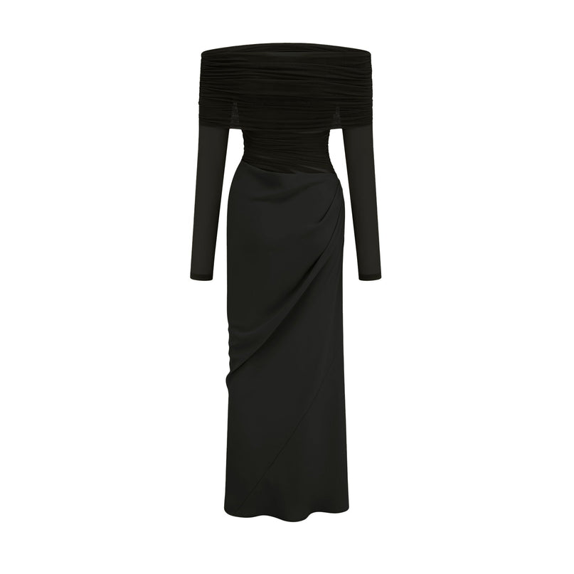 A black offshoulder midi dress with a semisheer design named Estelle worn by a model against a plain background