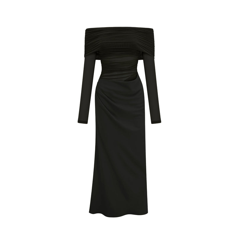 A black offshoulder midi dress with a semisheer design worn by a model standing against a plain background