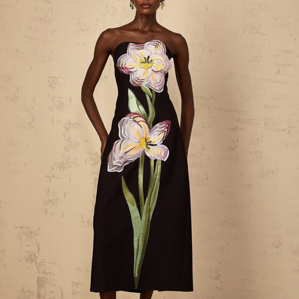 A black offshoulder midi dress with sequin embroidery details named Irene featuring a fitted silhouette and elegant design