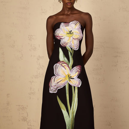 A black offshoulder midi dress with sequin embroidery details named Irene featuring a fitted silhouette and elegant design