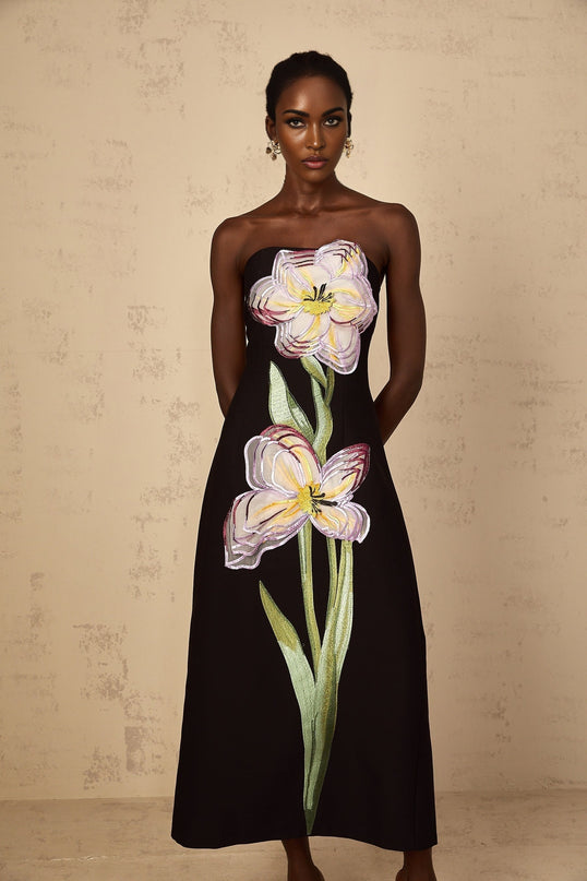 A black offshoulder midi dress with sequin embroidery details named Irene featuring a fitted silhouette and elegant design