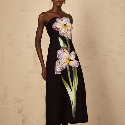 A black offshoulder midi dress with sequin embroidery details named Irene featuring a fitted silhouette and elegant design