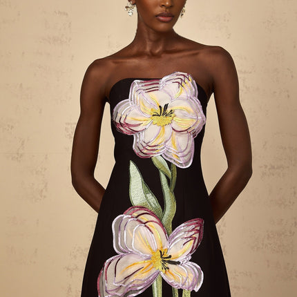 A black offshoulder midi dress with sequin embroidery details named Irene featuring a fitted silhouette and elegant design