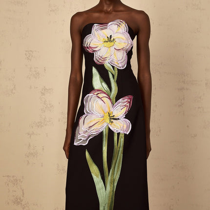 A black offshoulder midi dress with sequin embroidery named Irene featuring a fitted silhouette and elegant design