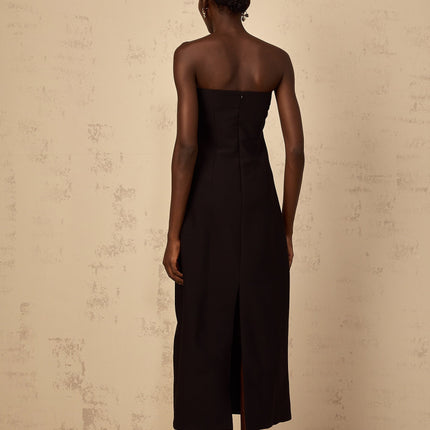 A black offshoulder midi dress with sequin embroidery named Irene featuring a fitted silhouette and elegant design