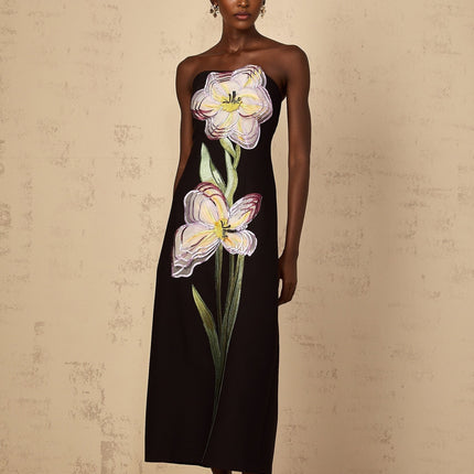 A black offshoulder midi dress with sequin embroidery named Irene featuring a fitted silhouette and elegant design