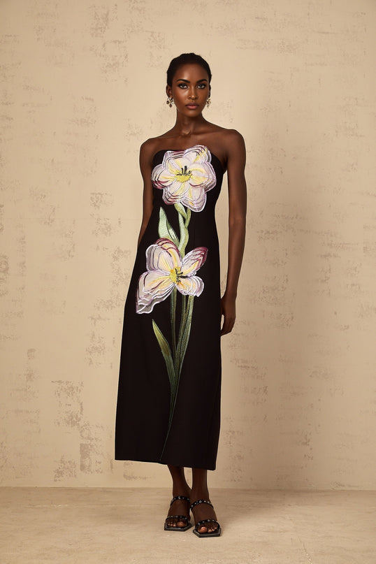 A black offshoulder midi dress with sequin embroidery named Irene featuring a fitted silhouette and elegant design