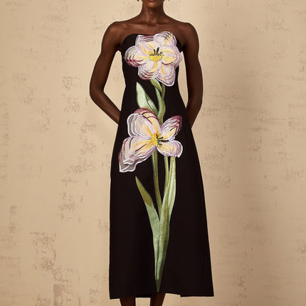 A black offshoulder midi dress with sequin embroidery named Irene featuring a fitted silhouette and elegant design