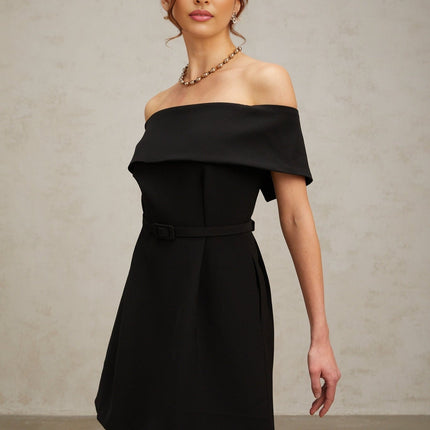 A black offshoulder mini dress with a belt cinching the waist featuring a fitted silhouette and short hemline