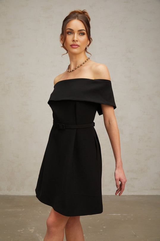 A black offshoulder mini dress with a belt cinching the waist featuring a fitted silhouette and short hemline