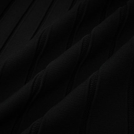 A black offshoulder mini dress with a bow detail and knit fabric featuring a fitted silhouette and short length