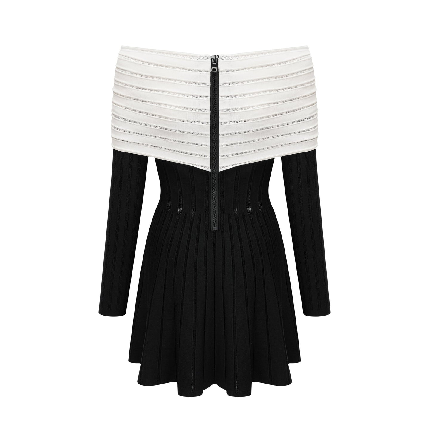 A black offshoulder mini dress with a bow detail and knit fabric featuring a formfitting silhouette