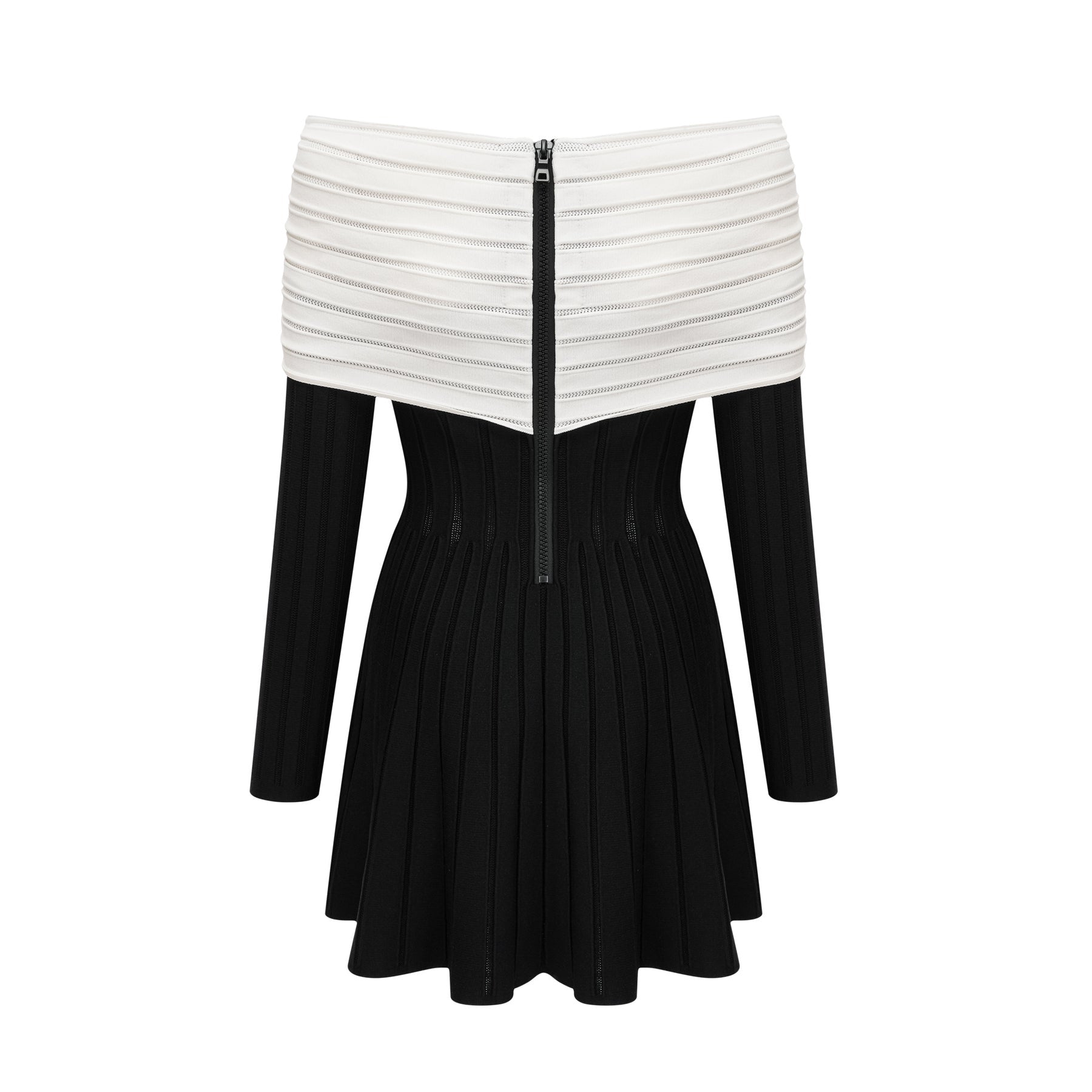 A black offshoulder mini dress with a bow detail and knit fabric featuring a formfitting silhouette