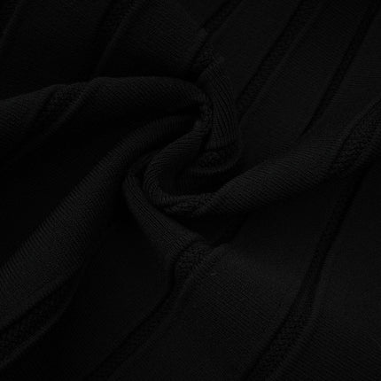 A black offshoulder mini dress with a knit texture and a bow detail