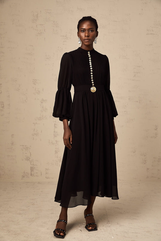 A black pleated midi dress with a buttonfront design and the name Viviane