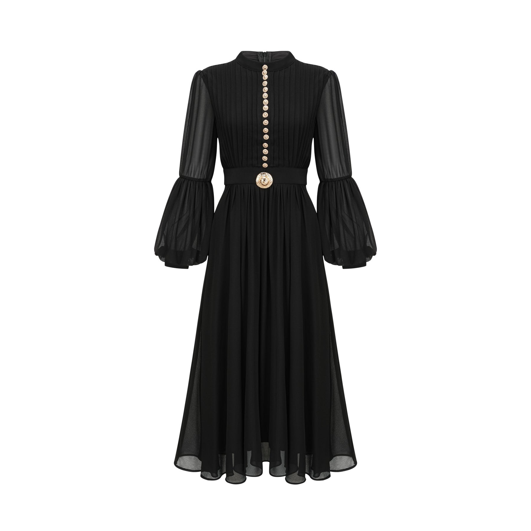 A black pleated midi dress with a buttonfront design featuring long sleeves and a flowing silhouette