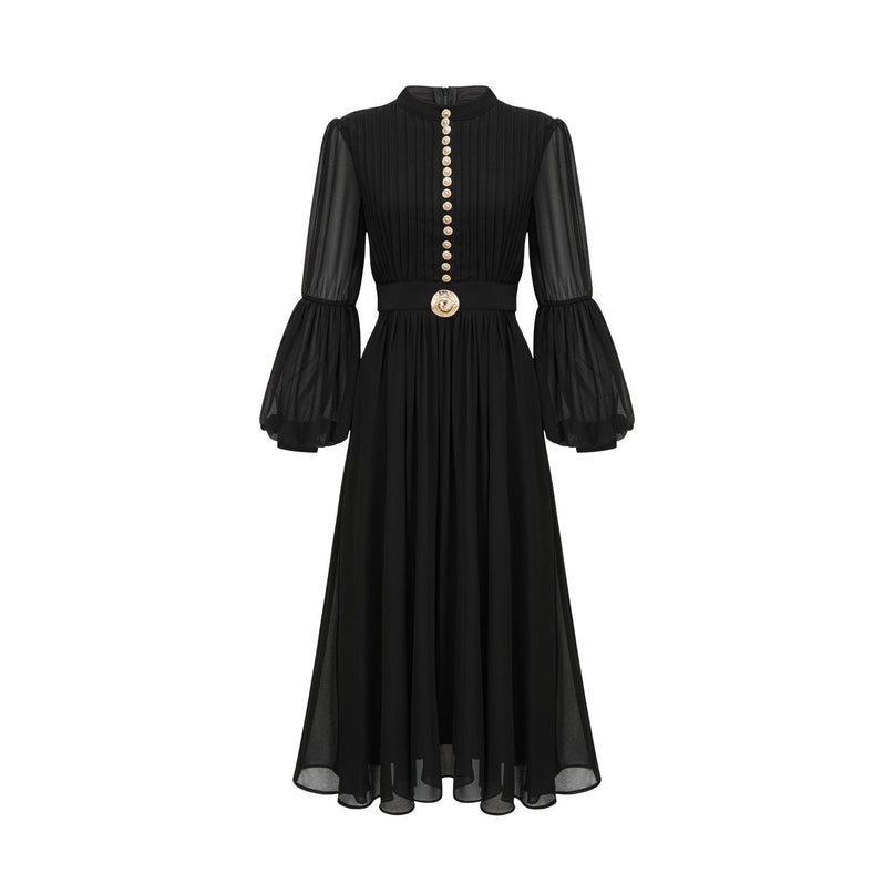 A black pleated midi dress with button front closure and long sleeves