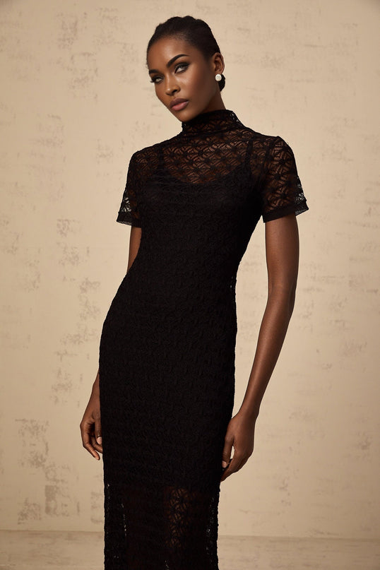 A black semi sheer knit midi dress on a mannequin or model showing the full length and silhouette of the Vanessa dress