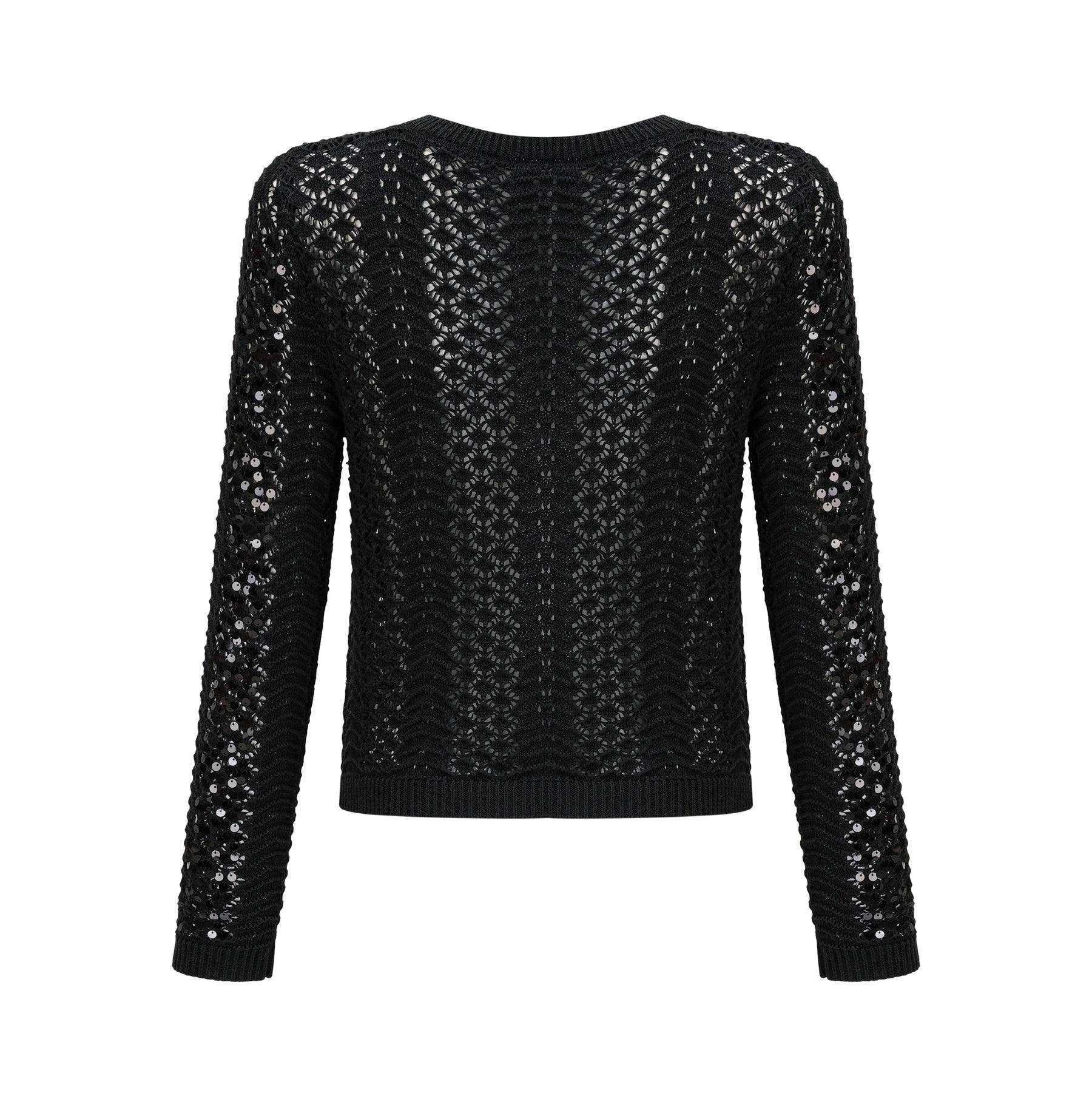 A black sequined cardigan and matching skirt set featuring crochet knit design The cardigan has long sleeves and an open front while the skirt is form fitting Both pieces are adorned with shimmering sequins throughout creating an elegant evening look
