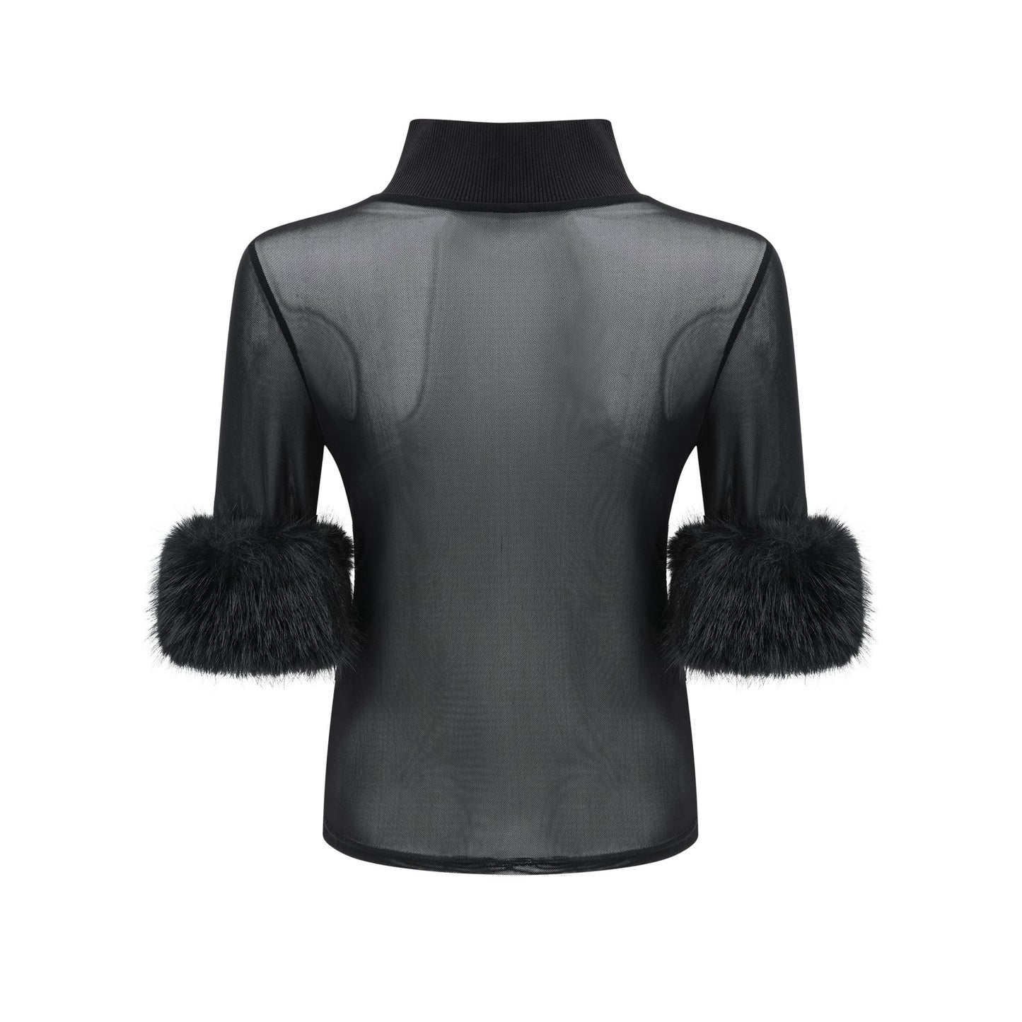 A black sleeveless top with a faux fur bodice and sheer tulle overlay creating a luxurious contrast in textures