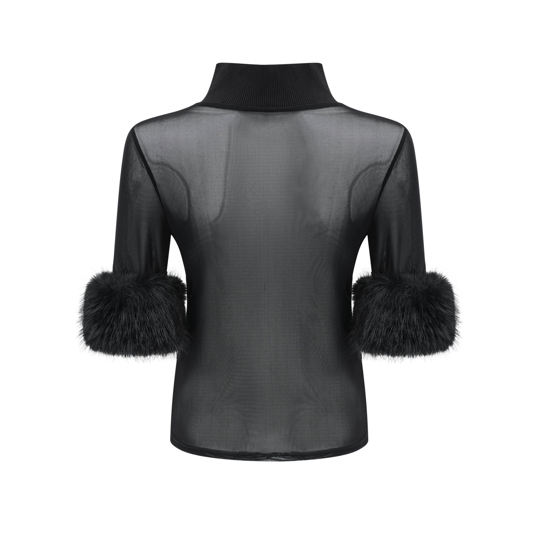 A black sleeveless top with a faux fur bodice and sheer tulle overlay creating a luxurious contrast in textures