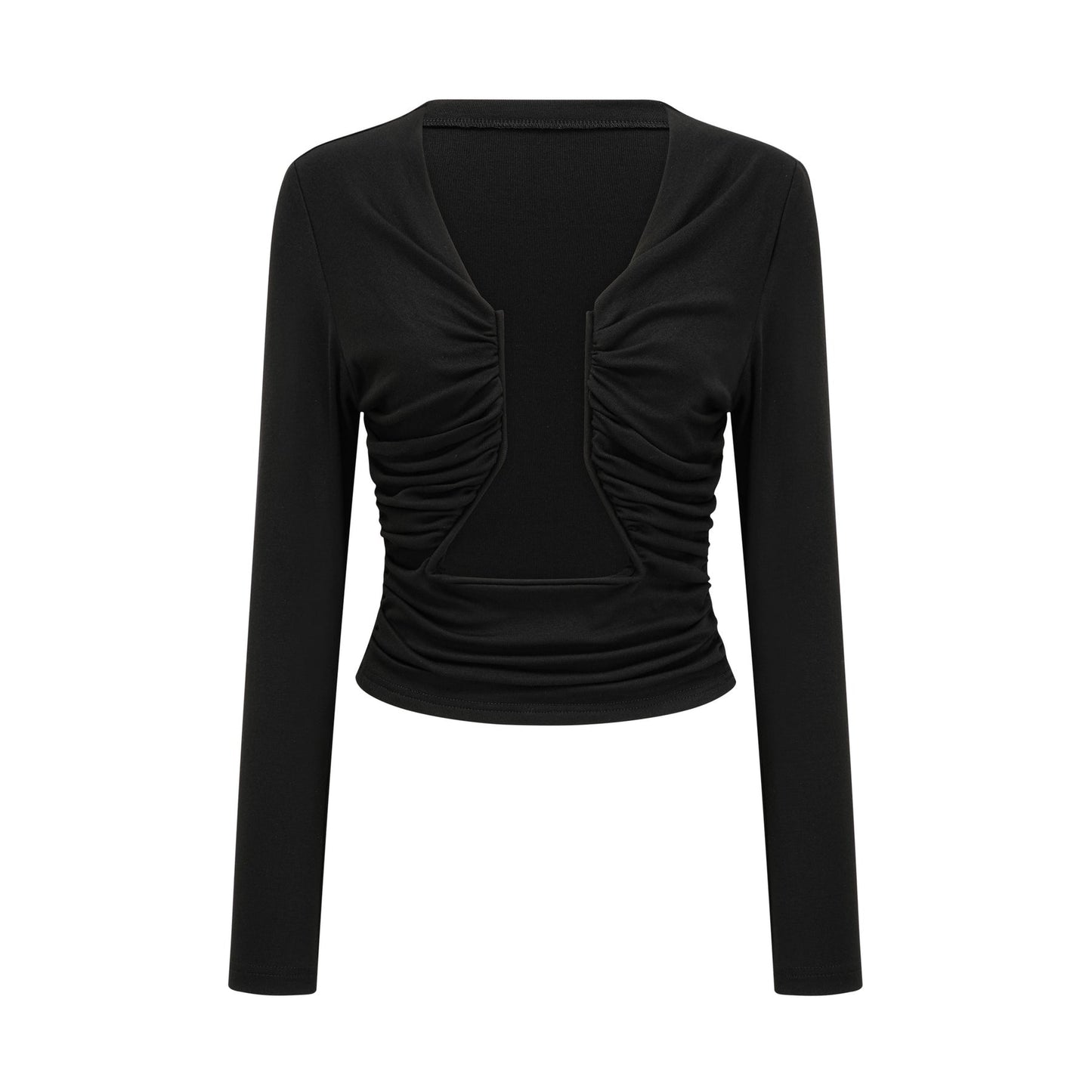 A black sleeveless top with an open front design and gathered fabric details