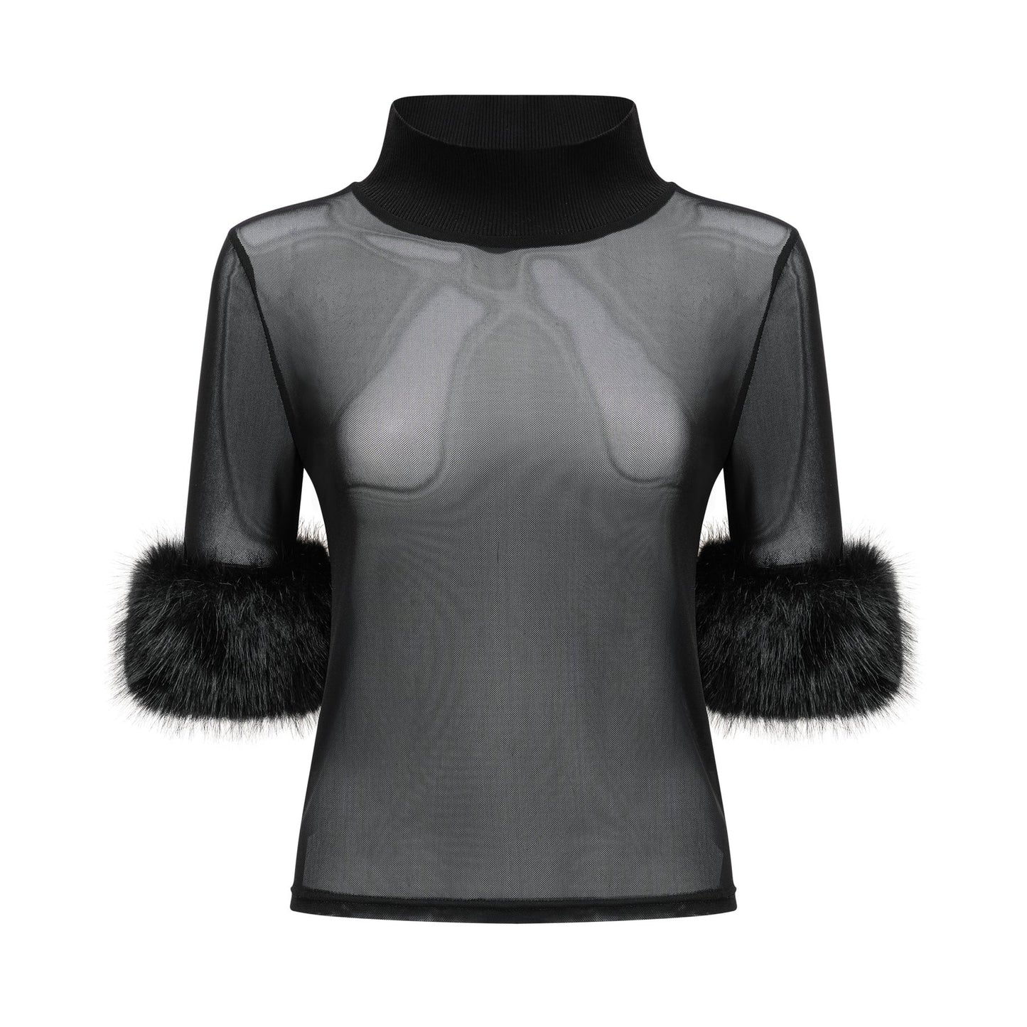 A black sleeveless top with faux fur trim and a sheer tulle overlay