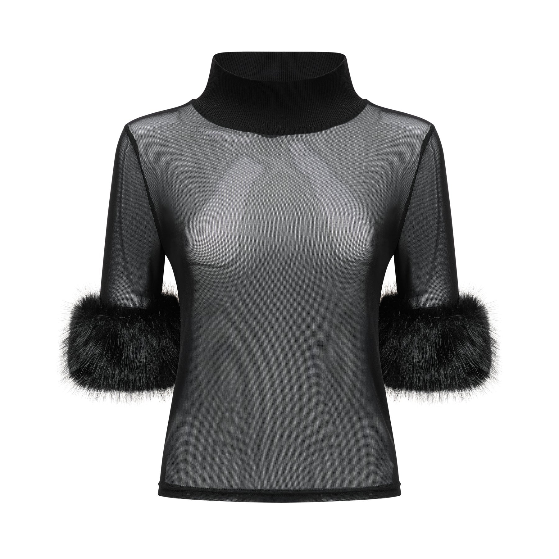 A black sleeveless top with faux fur trim and a sheer tulle overlay