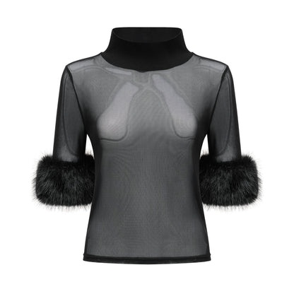 A black sleeveless top with faux fur trim and a sheer tulle overlay