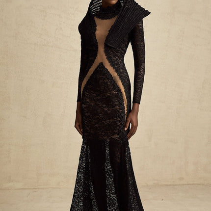 A black structured fishtail maxi dress with a split detail named Ines