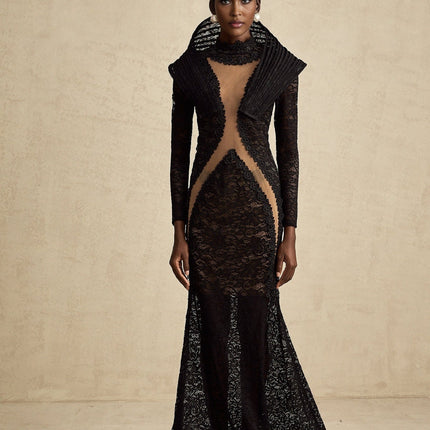 A black structured maxi dress with a fishtail silhouette and split detail named Inès