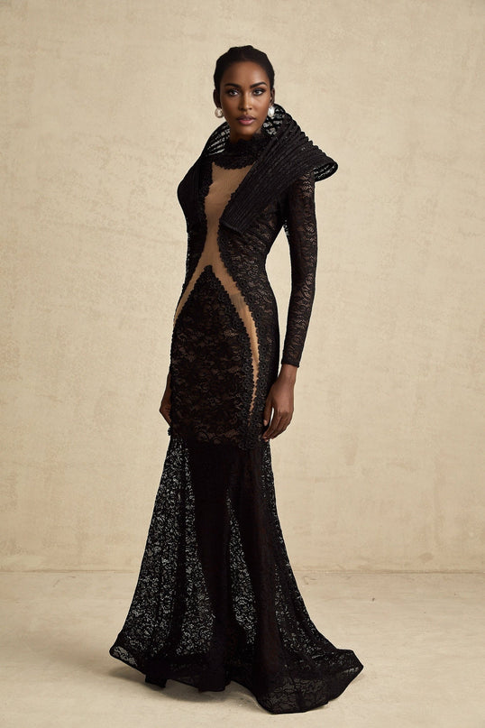 A black structured maxi dress with a fishtail silhouette and split detail named Ines